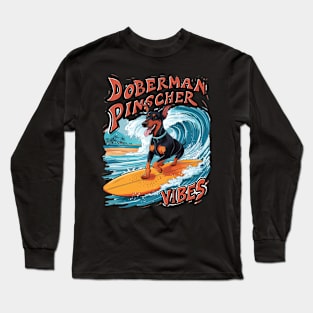 Surfing Doberman Pinscher Riding Tropical Wave Long Sleeve T-Shirt